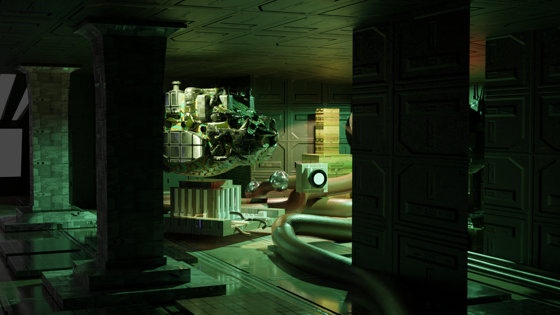 Retroville — dim corridor revealing an organic plant-growth machine and tangled tubing