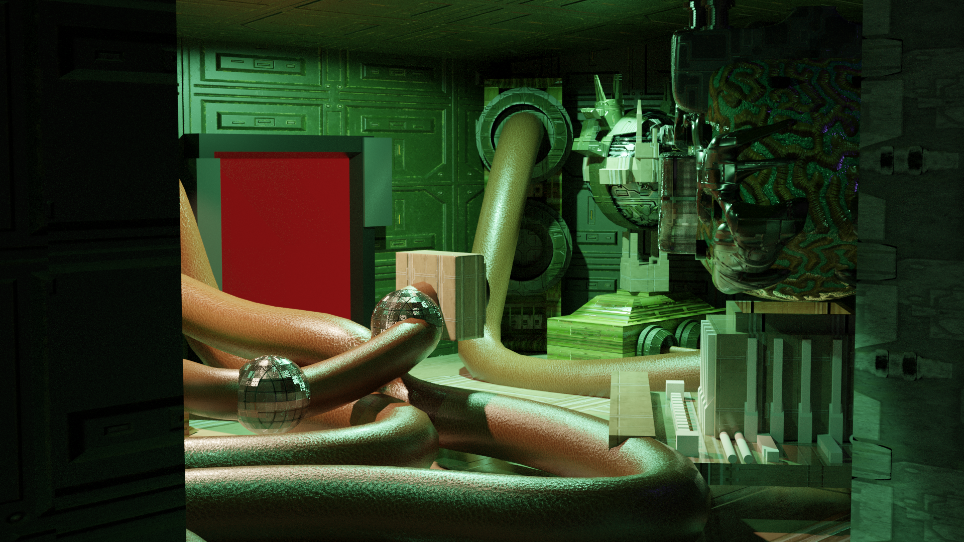 Retroville — green-lit machine room with copper pipes, disco-ball valve and red door