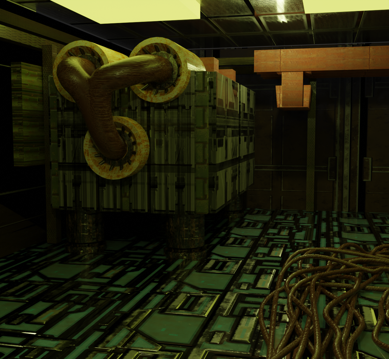 Retroville — vertical hallway with green fluorescent strip lights and checkerboard floor